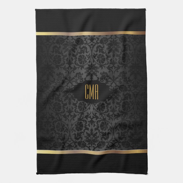Monogram Metallic Gold & Floral Damask Pattern Tea Towel (Vertical)