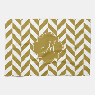Monogram Metallic Gold Herringbone Pattern Tea Towel