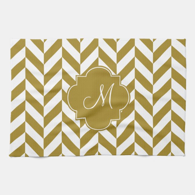 Monogram Metallic Gold Herringbone Pattern Tea Towel (Horizontal)