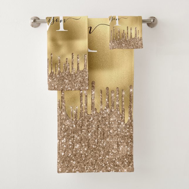 Monogram Metallic Gold Yellow Dripping Glitter Bath Towel Set (Insitu)