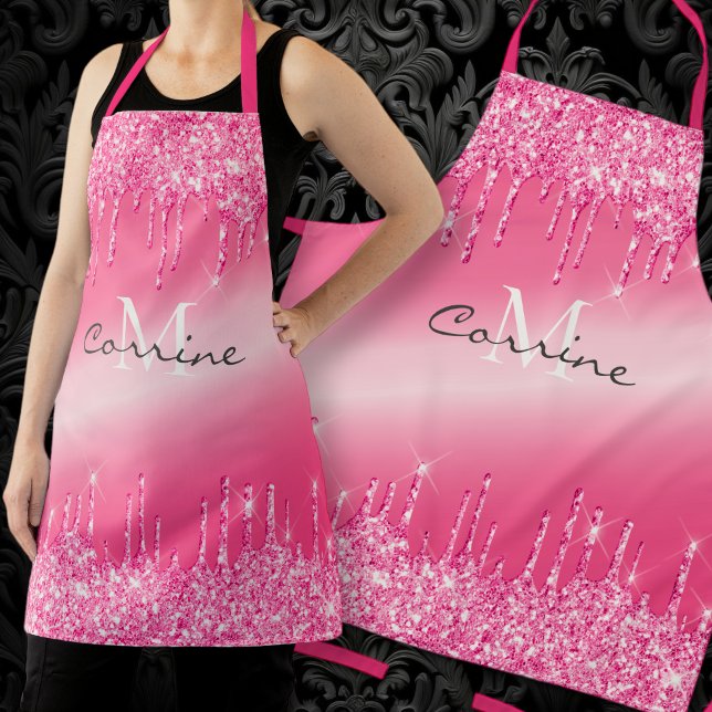 Monogram Metallic Hot Pink Dripping Glitter Name Apron (Creator Uploaded)