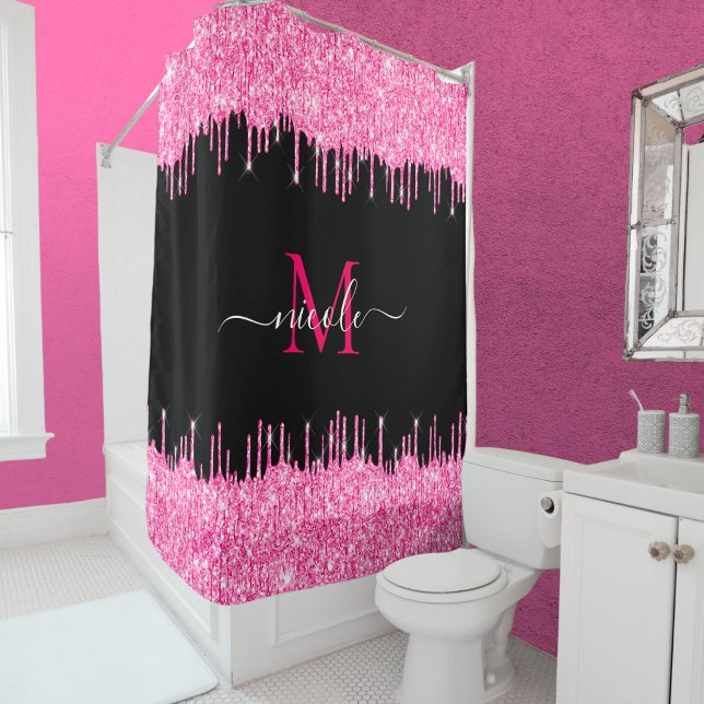 Monogram Metallic Hot Pink Glitter Drip on Black Shower Curtain (Creator Uploaded)