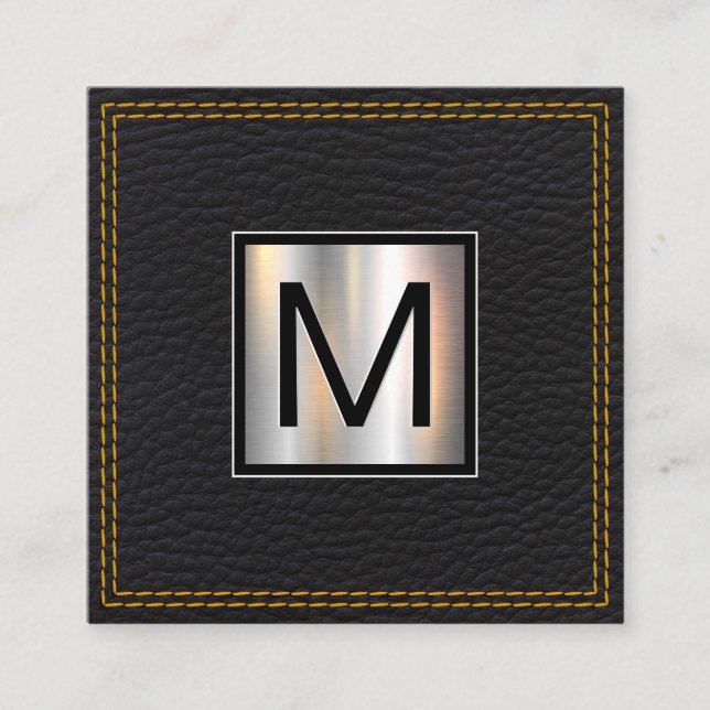 Monogram Metallic | Leather Black Double Stitched Square Business Card (Front)