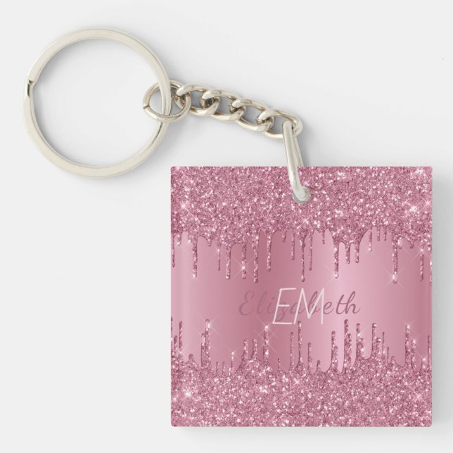 Monogram Metallic Pink Dripping Glitter Girly Key Ring (Front)