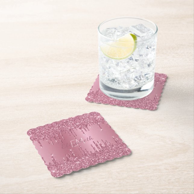 Monogram Metallic Pink Dripping Glitter Girly Paper Coaster (Insitu)