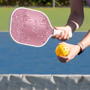 Monogram Metallic Pink Dripping Glitter Girly Pickleball Paddle