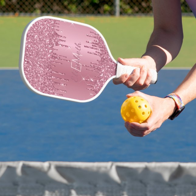 Monogram Metallic Pink Dripping Glitter Girly  Pickleball Paddle (Insitu)