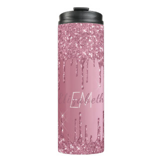 Monogram Metallic Pink Dripping Glitter Girly  Thermal Tumbler