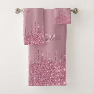 Monogram Metallic Pink Dripping Glitter Modern  Bath Towel Set