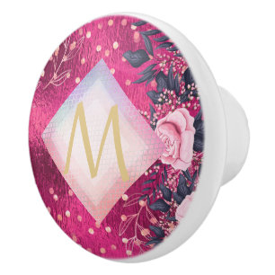 Monogram Metallic Pink Rosegold Navy Glitter Girly Ceramic Knob