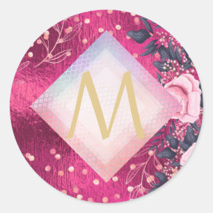 Monogram Metallic Pink Rosegold Navy Glitter Girly Classic Round Sticker