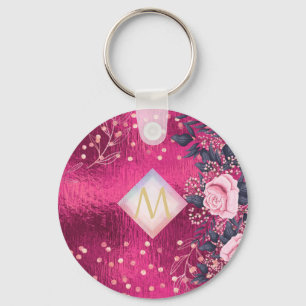 Monogram Metallic Pink Rosegold Navy Glitter Girly Key Ring