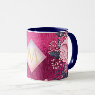 Monogram Metallic Pink Rosegold Navy Glitter Girly Mug