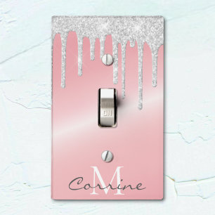 Monogram Metallic Pink & Silver Dripping Glitter Light Switch Cover