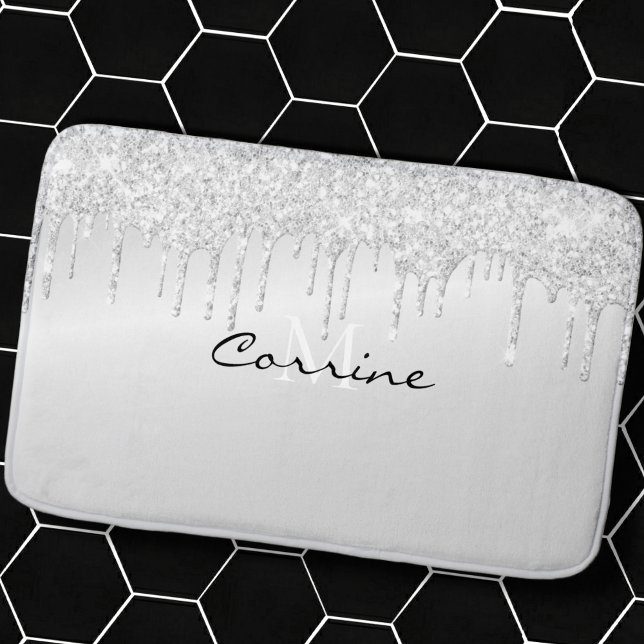 Monogram Metallic Platinum Silver Glitter Dripping Bath Mat (Creator Uploaded)