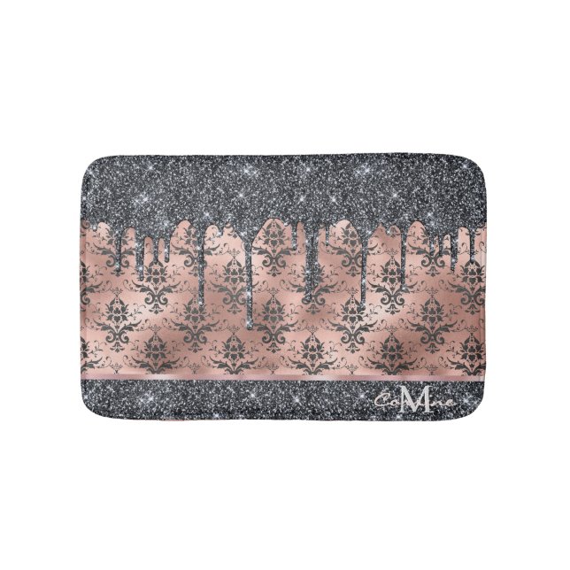 Monogram Metallic Rose Gold & Black Glitter Damask Bath Mat (Front)