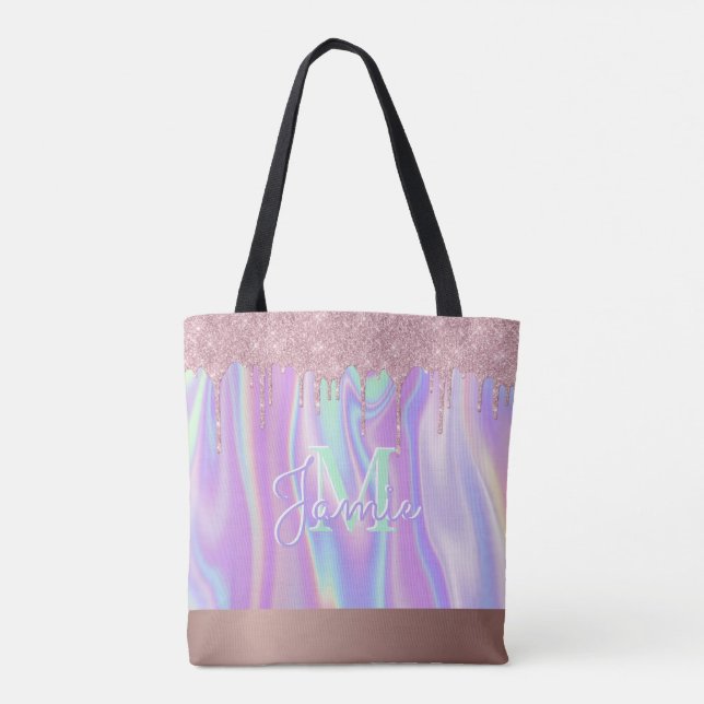 Monogram Metallic Rose Gold Glitter & Iridescent Tote Bag (Back)