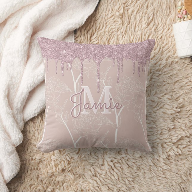 Monogram Metallic Rose Gold Glitter & Mauve Floral Cushion (Blanket)