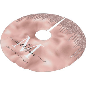 Monogram Metallic Rose Gold Pink Glitter Drips Brushed Polyester Tree Skirt