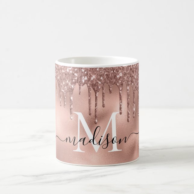 Monogram Metallic Rose Gold Pink Glitter Drips Coffee Mug (Center)
