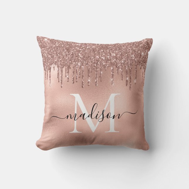 Monogram Metallic Rose Gold Pink Glitter Drips Cushion (Front)