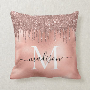 Monogram Metallic Rose Gold Pink Glitter Drips Cushion