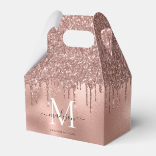 Monogram Metallic Rose Gold Pink Glitter Drips Favour Box