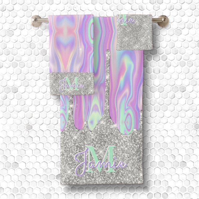 Monogram Metallic Silver Glitter Drip & Iridescent Bath Towel Set (Creator Uploaded)