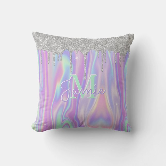 Monogram Metallic Silver Glitter Drip & Iridescent Cushion (Front)