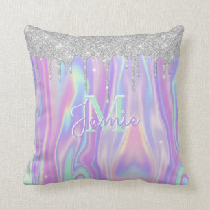 Monogram Metallic Silver Glitter Drip & Iridescent Cushion