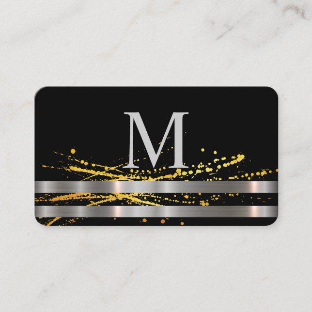 Monogram Metallic Silver Trim Gold Spatter Business Card (Front)
