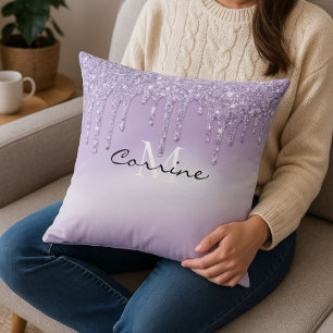 Monogram Metallic Violet Purple Dripping Glitter Cushion