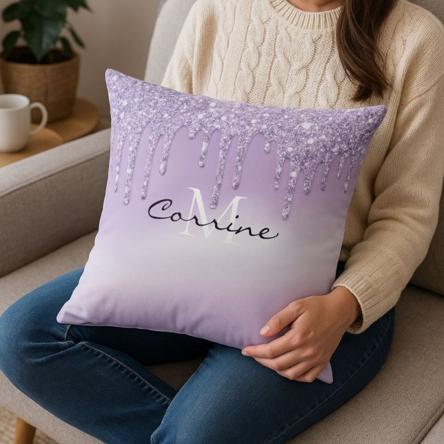 Monogram Metallic Violet Purple Dripping Glitter Cushion (In-situ)