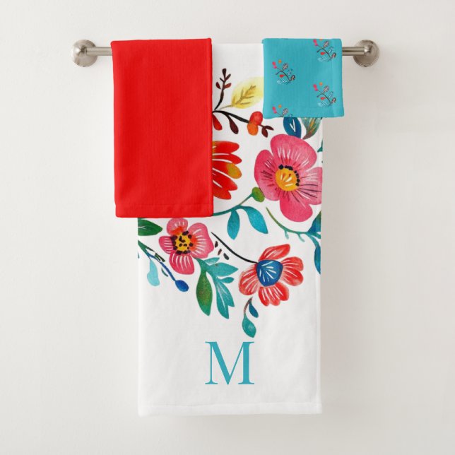 Monogram Mexican Floral Colourful Boho  Bath Towel Set (Insitu)