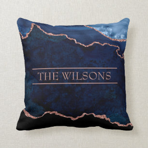 Monogram Midnight Blue Abstract Elegant Marble Cushion