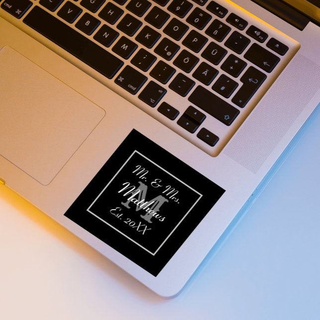 Monogram Minimal | Black and White Wedding Favour Square Sticker (Creator Uploaded)