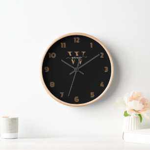 Monogram Minimal Elegant Black Gold Script Name  Clock