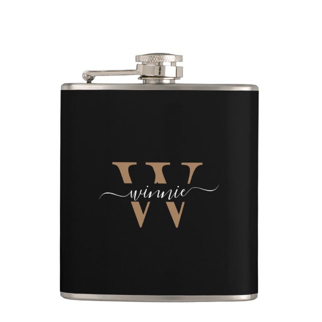 Monogram Minimal Elegant Black Gold Script Name  Hip Flask (Front)