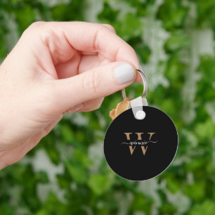 Monogram Minimal Elegant Black Gold Script Name  Key Ring