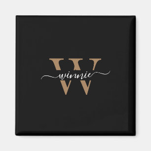 Monogram Minimal Elegant Black Gold Script Name Magnet