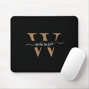 Monogram Minimal Elegant Black Gold Script Name Mouse Pad