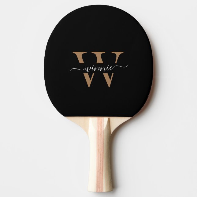 Monogram Minimal Elegant Black Gold Script Name  Ping Pong Paddle (Front)