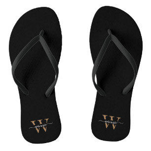 Monogram Minimal Elegant Black Gold Script Name Thongs