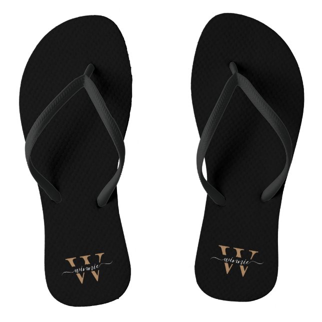 Monogram Minimal Elegant Black Gold Script Name  Thongs (Footbed)