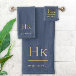 Monogram Minimal Elegant Navy Blue Gold Stylish Bath Towel Set
