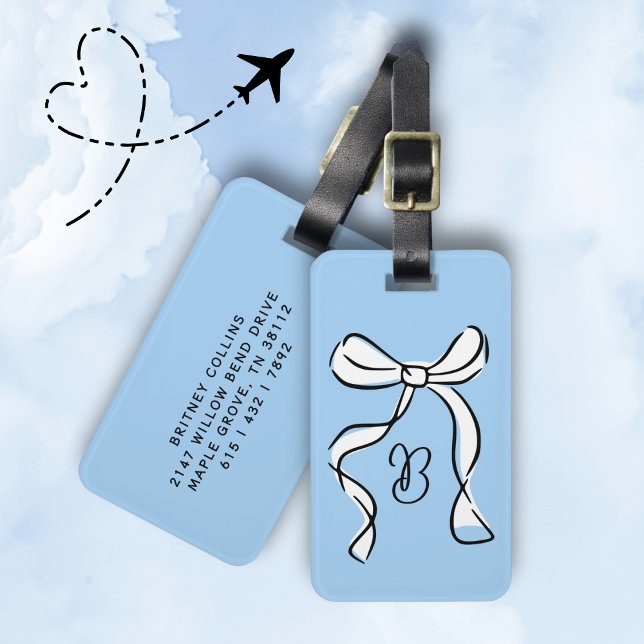 Monogram Minimal Script Coquette Bow Blue Luggage Tag (Sweet, chic, and ready to jet set ✈️)