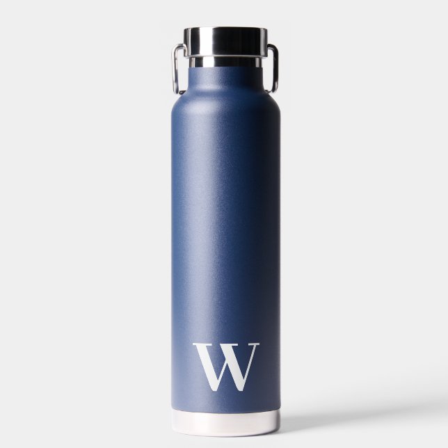 Monogram Minimal Wedding Navy Water Bottle Gift (Front)