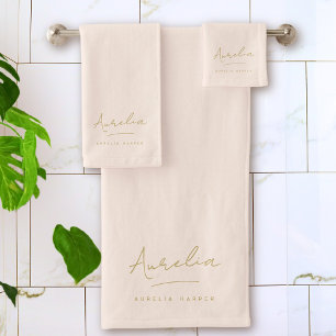 Monogram Minimalist Blush Pink Script Signature Bath Towel Set