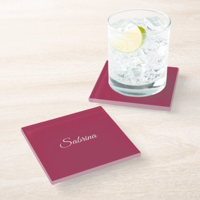 Monogram minimalist cherry rose pink glass coaster (Angled)