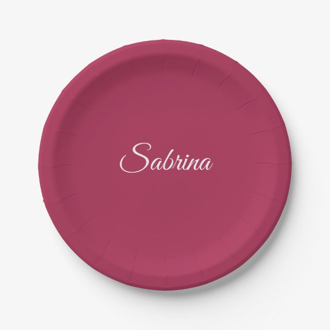 Monogram minimalist cherry rose pink paper plate (Front)